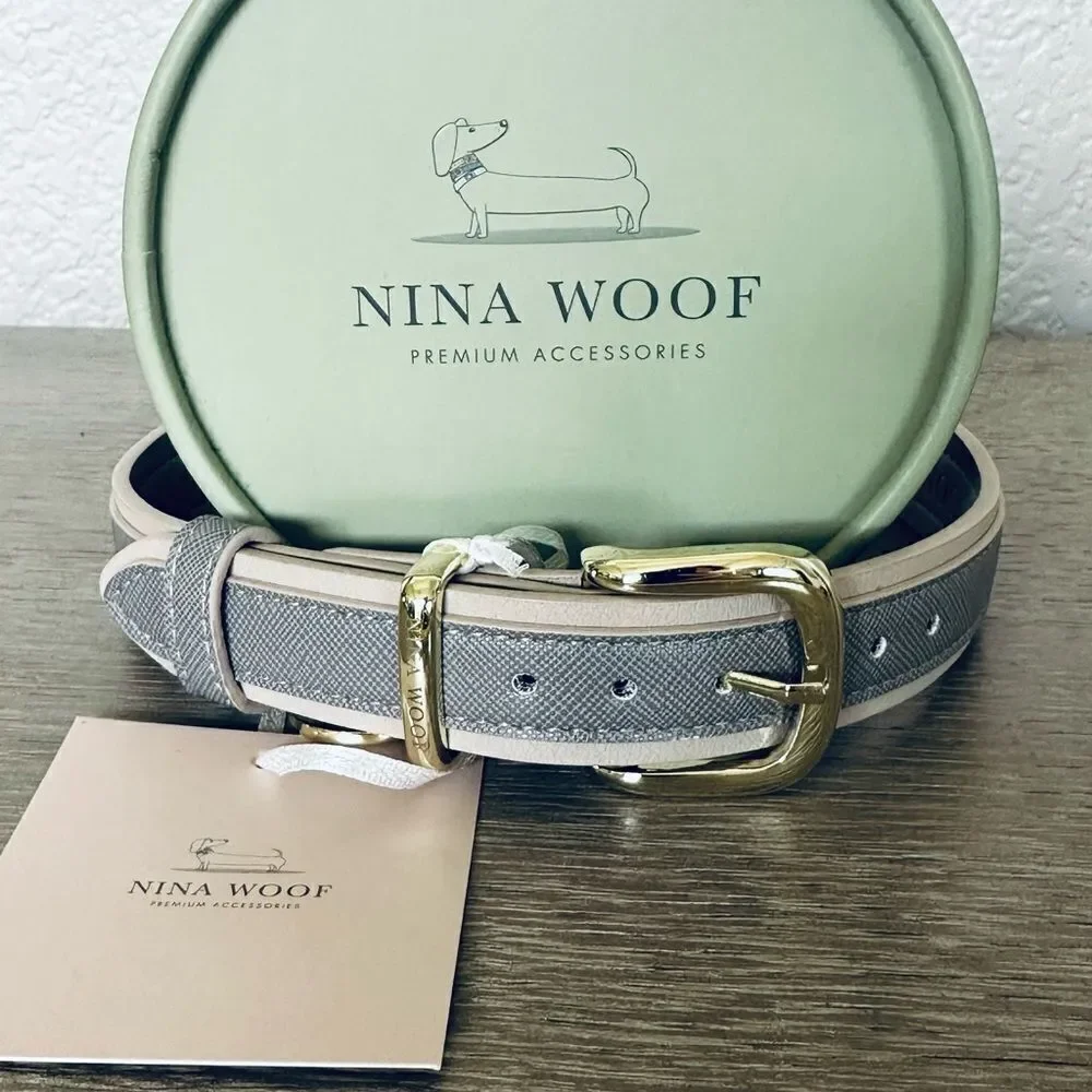 Nina Woof Premium Gray Gold Vegan Leather London Dog Collar